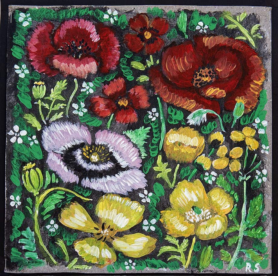 Målning expressionistisk stil. Åtta olika blommor i olika färger och utformning. Bilden är färggrann och ger ett levande intryck.