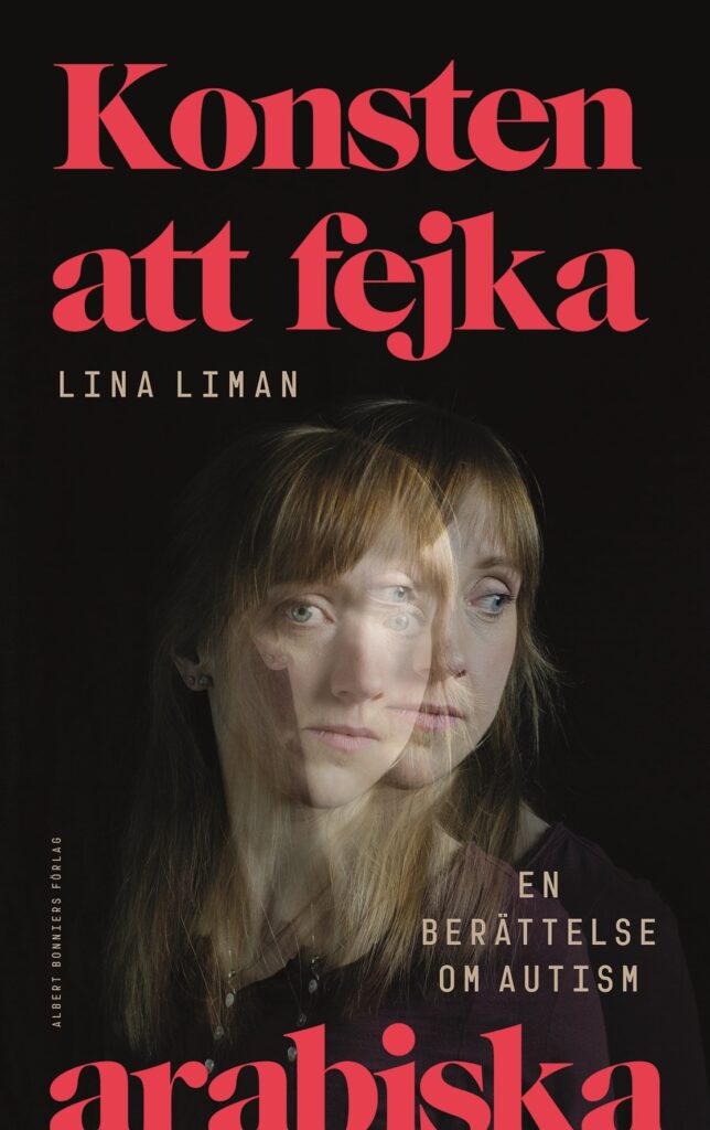Framsidan på boken. Mitt på omslaget är ett dubbelexponerat porträttfoto på Lina som är en ung kvinna med axellångt rödblont hår och lugg. Titeln på boken i stora röda bokstäver.