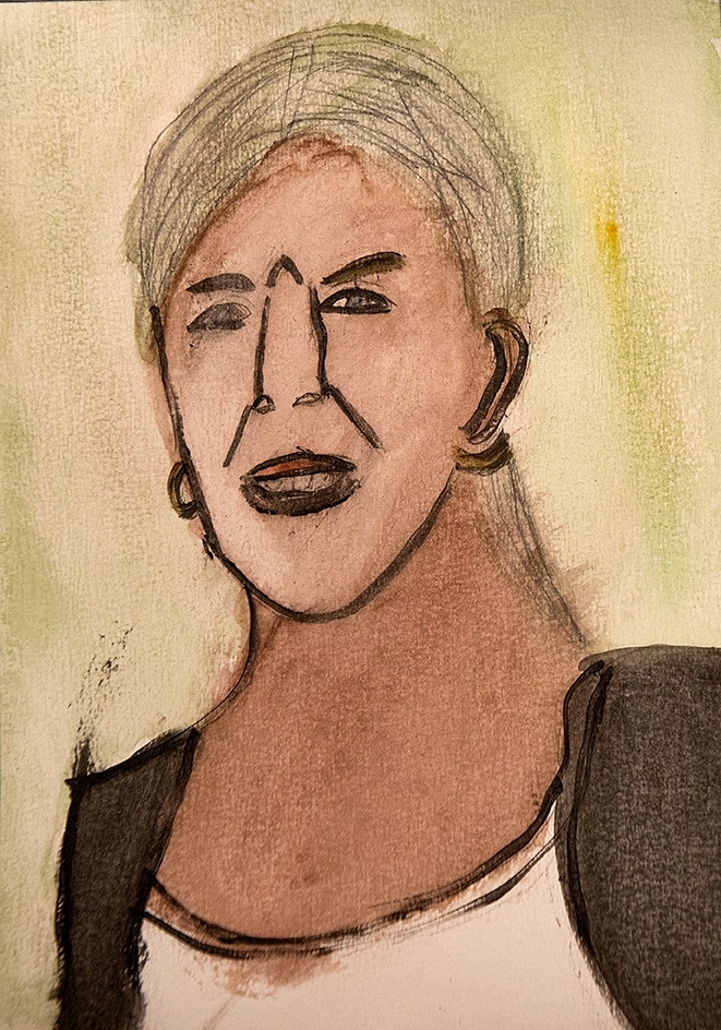 Akvarellen Mamma, föreställer ett porträtt på Johannas mamma med kort blont hår och en bekymrad rynka över näsroten.