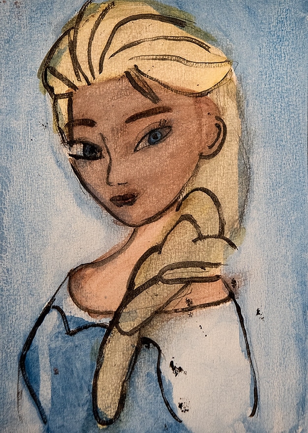 Akvarellen Elsa, porträtt av Elsa från Disneyfilmen Frost.