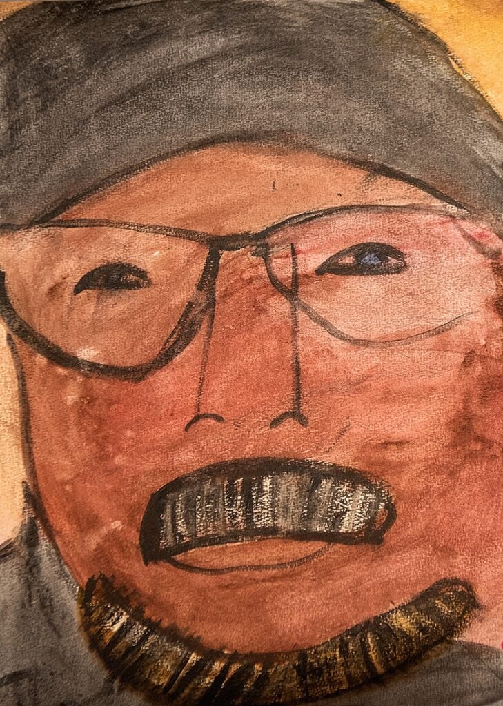 Akvarellen Pappa, föreställer ett porträtt på Johannas pappa som har glasögon och kraftig mustasch och skägg.