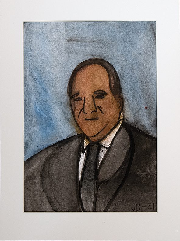 Akvarellen Stefan Löfvén, porträtt på vår före detta statsminister som ler lätt.