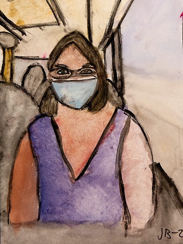 Akvarellen Självporträtt föreställer Johanna själv, som sitter på en buss med munskydd på sig.