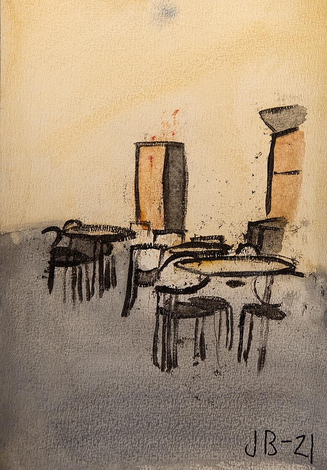 Cafeterian av Johanna Backman
Akvarellen Cafeterian föreställer tre grupper av runda svarta bord med tre stolar med armstöd, står vid vardera gruppen.
