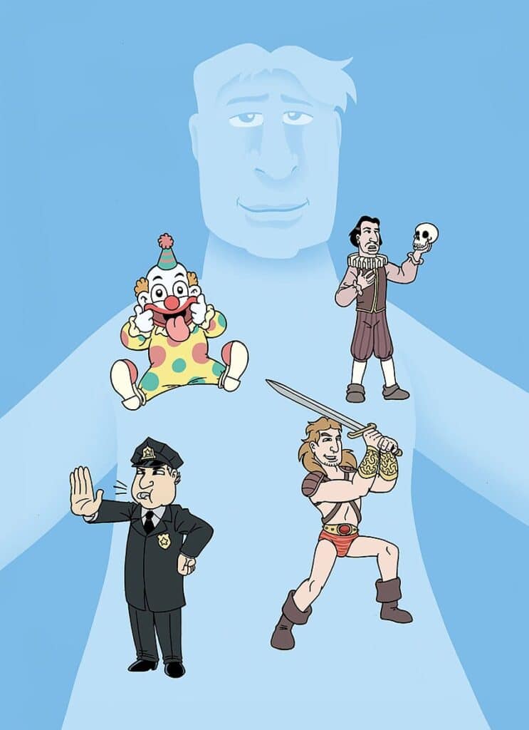 En människa i blått med fyra olika små karaktärer framför sin torso: en clown, en skådespelare, en polis och en barbar.