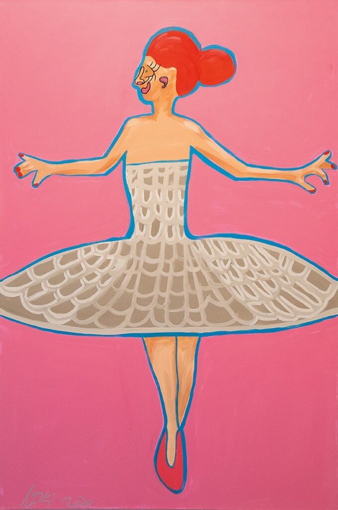 Verket ”Tumbelina” är ett naivistiskt verk målad i akryl på duk. En ballerina i beige tutu med utstående vid kjol, mot rosa bakgrund som blir gradvis mörkare rosa mot nedre delen av tavlan. Målningen är gjord i ett rektangulärt porträttformat.
