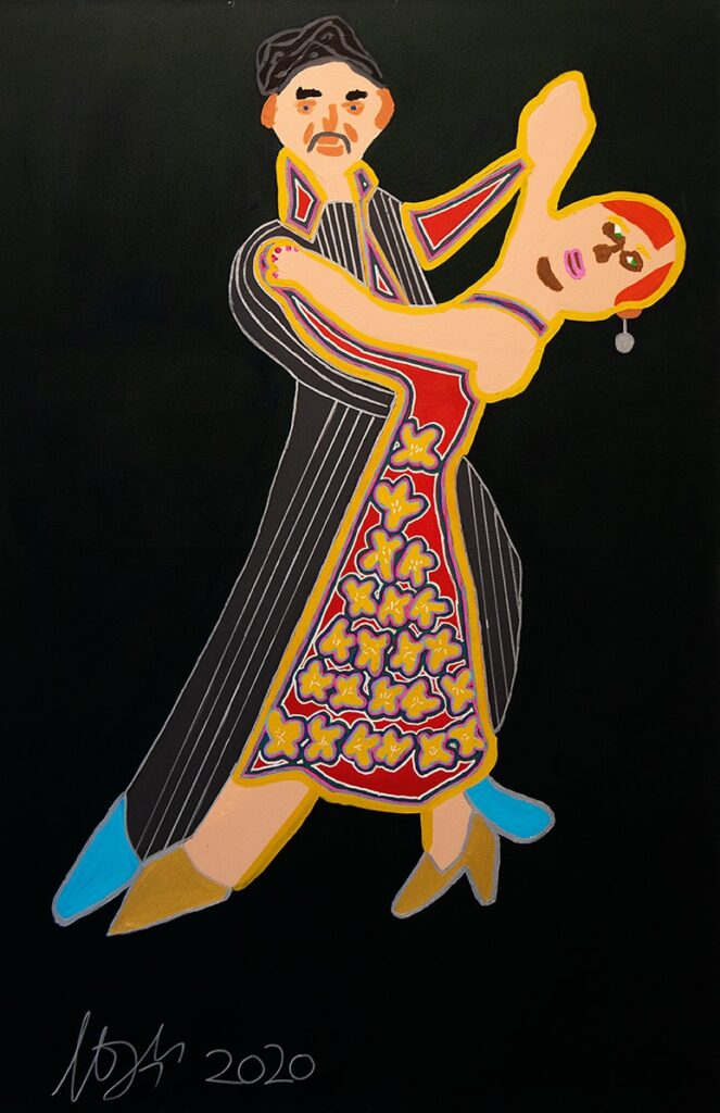 Målningen heter ”Takes two to Tango” och är en akryl på duk i stående format. Ett dansande par håller varandra tätt i en stram dansfattning. Målningen har en jämnsvart bakgrund och är målad i naivistisk stil. Deras ansikten är vända framåt.