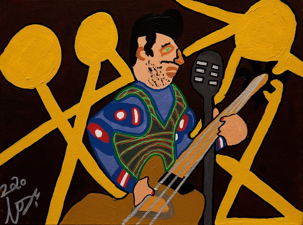 En man i Rock A Billystil spelar gitarr. Målningen heter också ”Rock A Billy” och är ett verk i akryl på duk, målad i en lekfullt naivistisk stil.