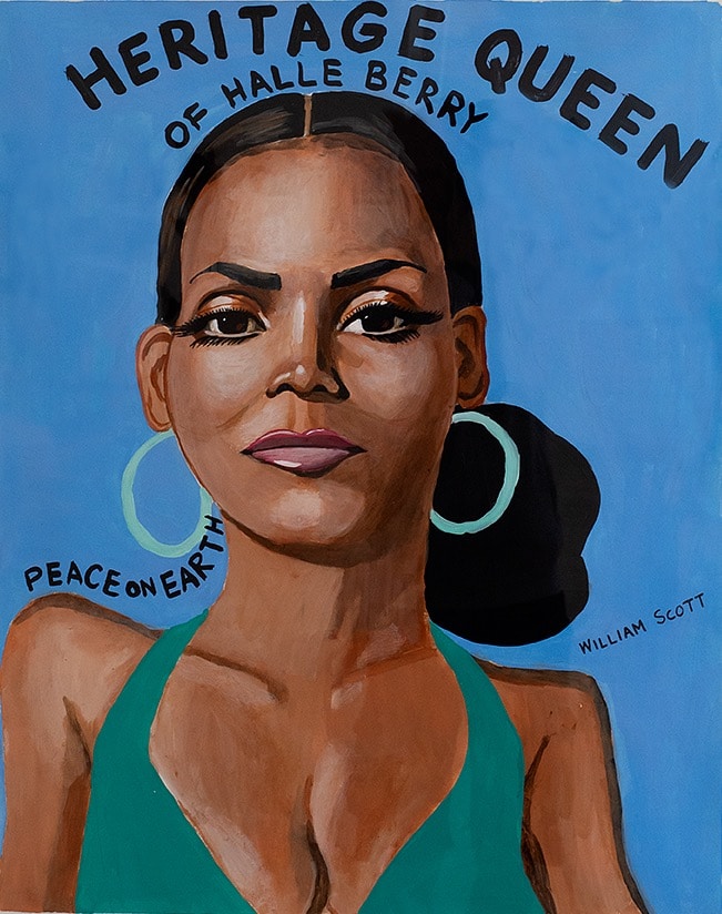 Akryl på duk. Stående porträtt av en afroamerikansk kvinna mot blå bakgrund rakt framifrån. 
Ovanför hennes huvud står det ”Heritage Queen of Halle Berry” med svarta versaler.