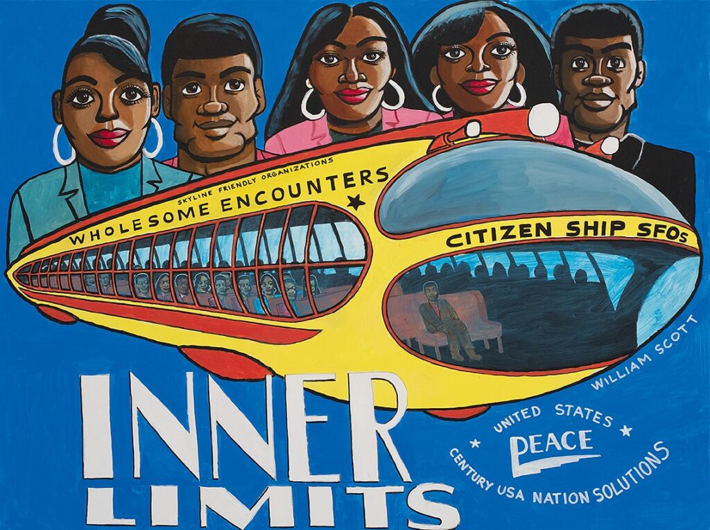 Akryl på papper med blå bakgrund. Huvuden på fem afroamerikaner, tre kvinnor och två män, sticker upp bakom ett gult luftskepp som sträcker sig tvärs över hela målningen. Under skeppet står det bland annat med stora vita bokstäver ” Inner Limits”.