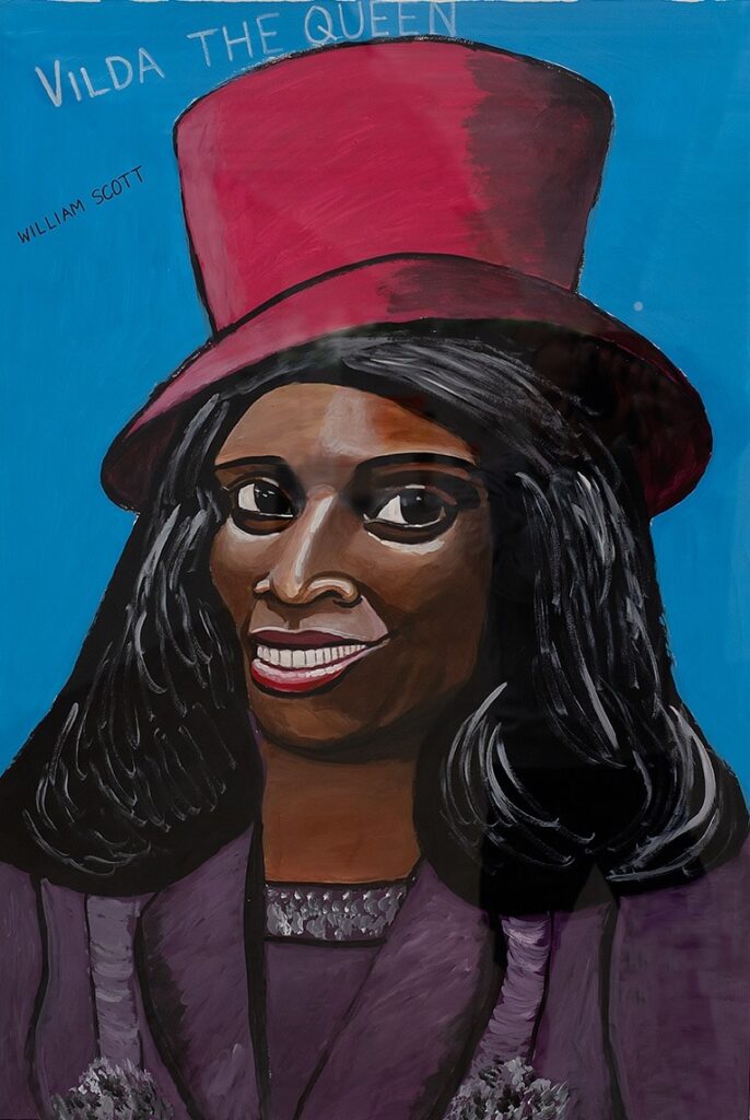 Akryl på papper med klarblå bakgrund. Porträtt av en afroamerikansk kvinna. Text i vitt längst upp ”Vilda the Queen”. Kvinnan bär en röd cylinderhatt med slokande brätte högt upp på sitt huvud.