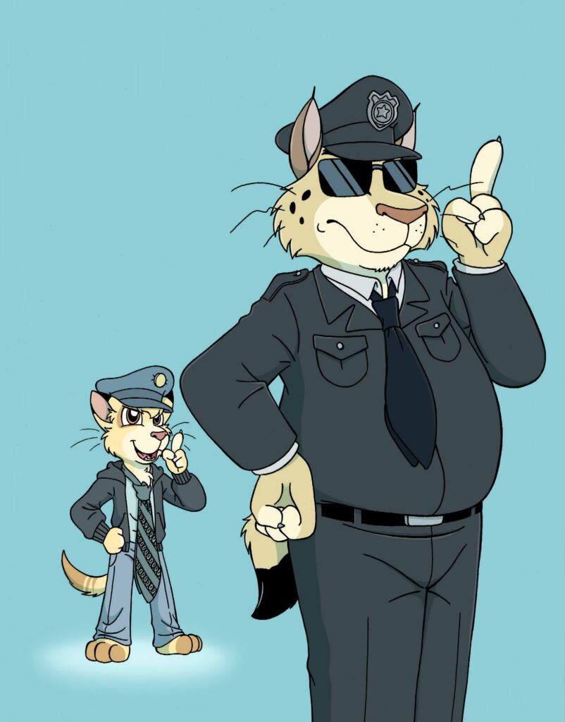 En tecknad bild med två kattdjurs-karaktärer. Den ena är en vuxen gepardliknande karaktär i en slags polisuniform och svarta glasögon. Bakom honom, som en skugga, står en liten gepardliknande karaktär som härmar honom.