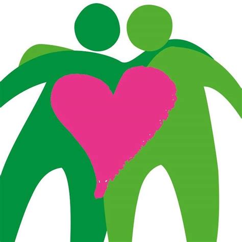 Två gröna gestalter står med händer på varandra axlar och ett rosa hjärta i mitten förenar dem.