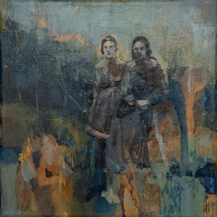 Bakgrunden är mörkblå, grå och brun. Ljusare blå i övre delen av målningen. Färgerna går mjukt in i varandra vilket gör att det inte skapas några tydliga konturer. I mitten av målningen står två kvinnor vars konturer är tydliga.