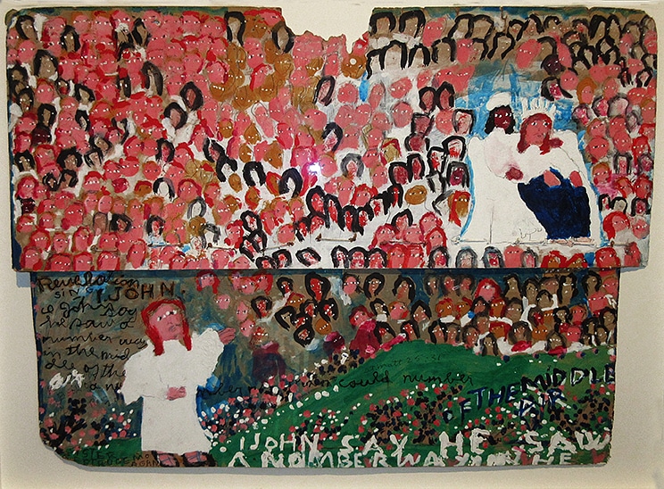 En målad tavla i två sammanfogade delar i naiv stil med massa människo-huvuden som omger kring en vitklädd gestalt och engelsk text som kan antyda att det är ett bibliskt motiv.