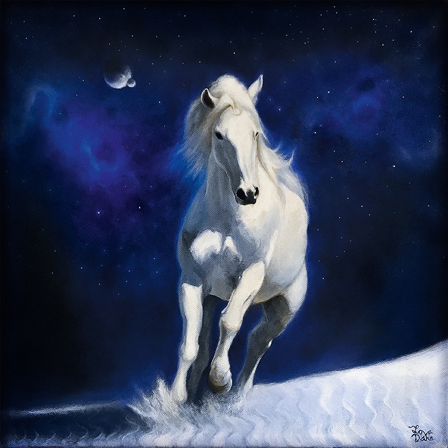 Euphoria är en oljemålning på duk i fyrkantigt format. Den föreställer en vit häst i galopp under en stjärnhimmel.