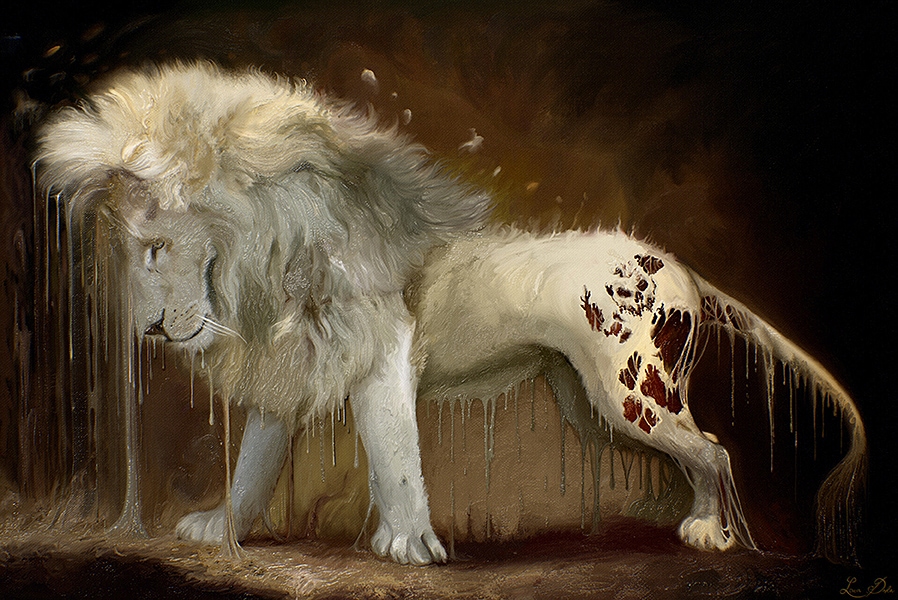 Memento Mori, är en digital målning i liggande rektangulärt format. En vit lejonhane står i profil, pälsen och huden tycks vara på väg att smälta.