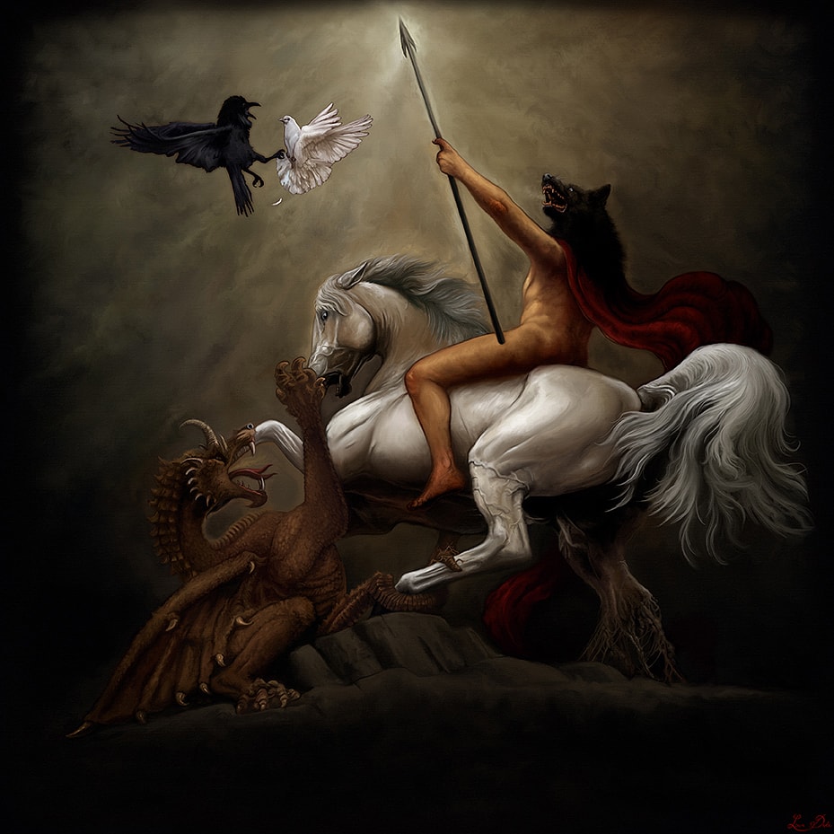 Saint George and the Dragon är en digital målning i fyrkantigt format. En man till häst strider mot en drake.