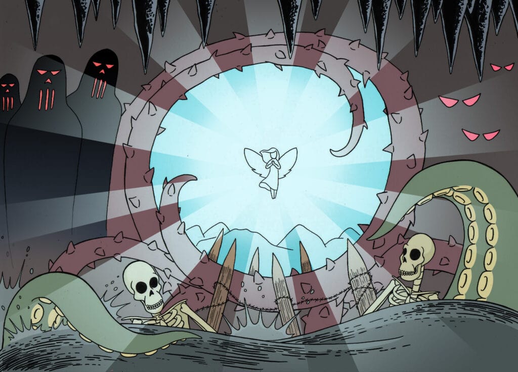 En illustration i serieteckningsstil med konturen av en änglalik kvinna i mitten av bilden som strålar ljus in i en slags grottöppning. I grottan finns skelett, tentakler och mörka gestalter med röda ögon.