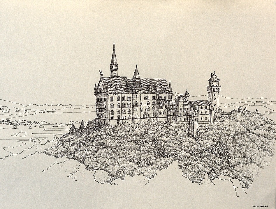 Neuschwanstein slott är en teckning med fiberpenna på papper, i liggande rektangulärt format. Slottet Neuschwanstein med omgivande landskap är avbildat med svarta penndrag mot papperets gräddgula grund.