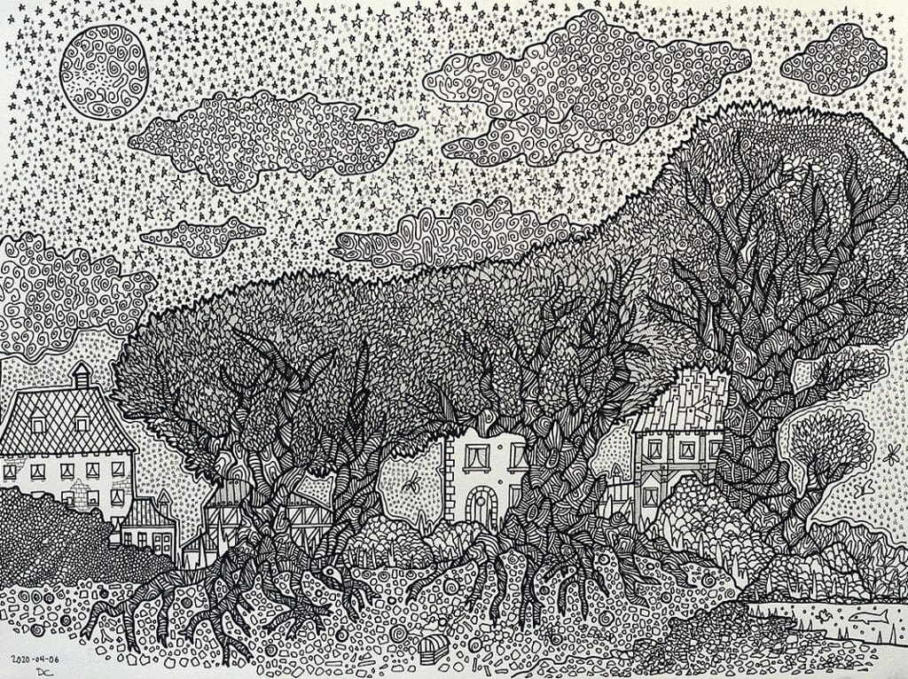 Trädgård är en teckning med fiberpenna på papper, i liggande rektangulärt format. En svartvit vy över en träddunge, några hus och en stjärnbeströdd himmel.